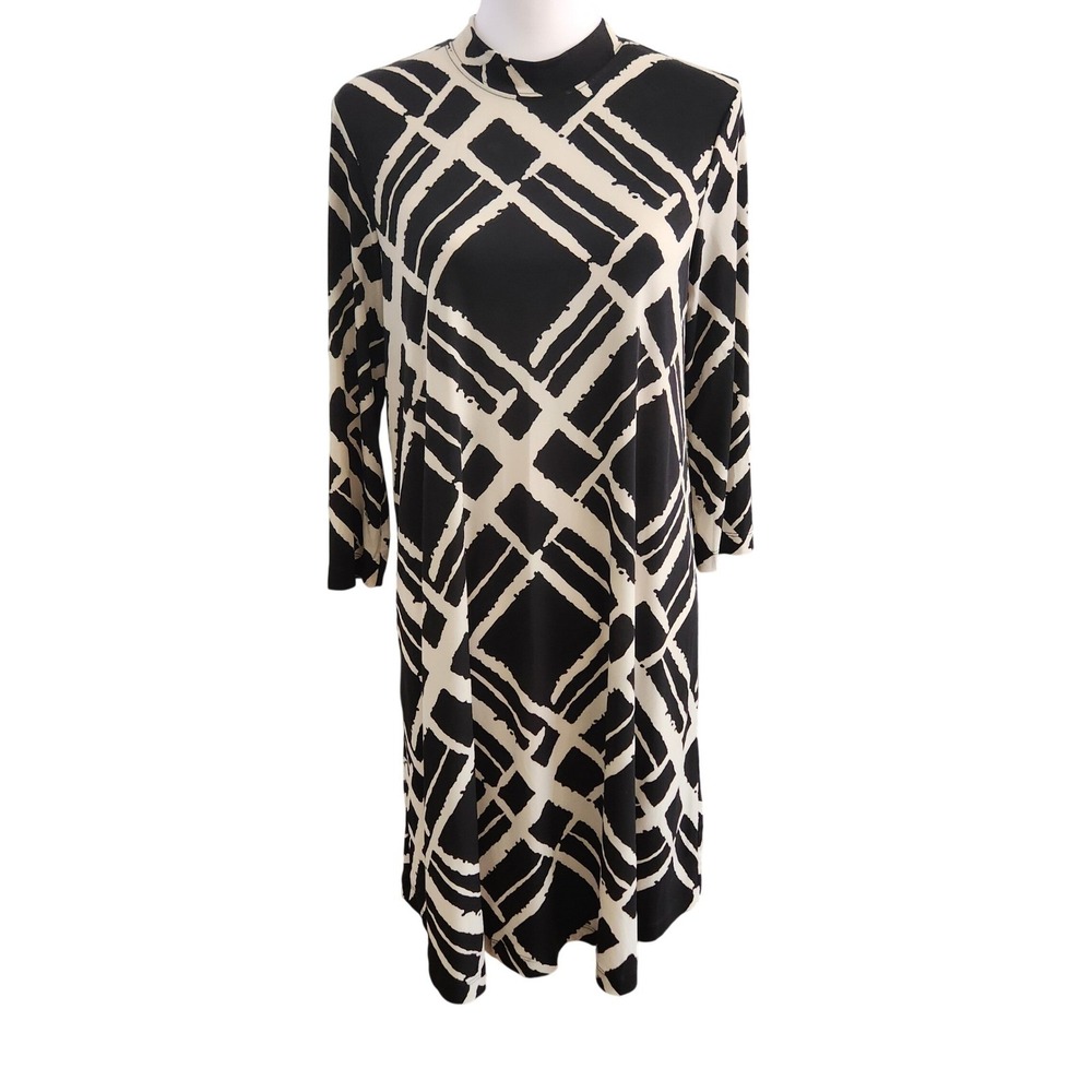 Neiman Marcus Black Cream Geometric Mock Neck Long Sleeve Dress Women's M